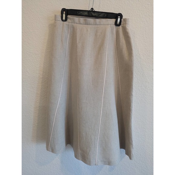 Harve Bernard Oatmeal Linen Aline Midi Skirt, Pink Stitching, Size 10P - Picture 2 of 5